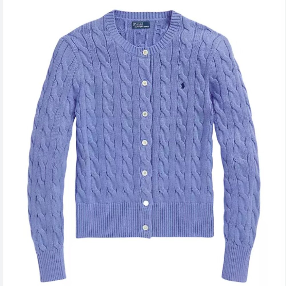 Ralph Lauren Cable Knit Cotton Crewneck Cardigan New Litchfield Blue